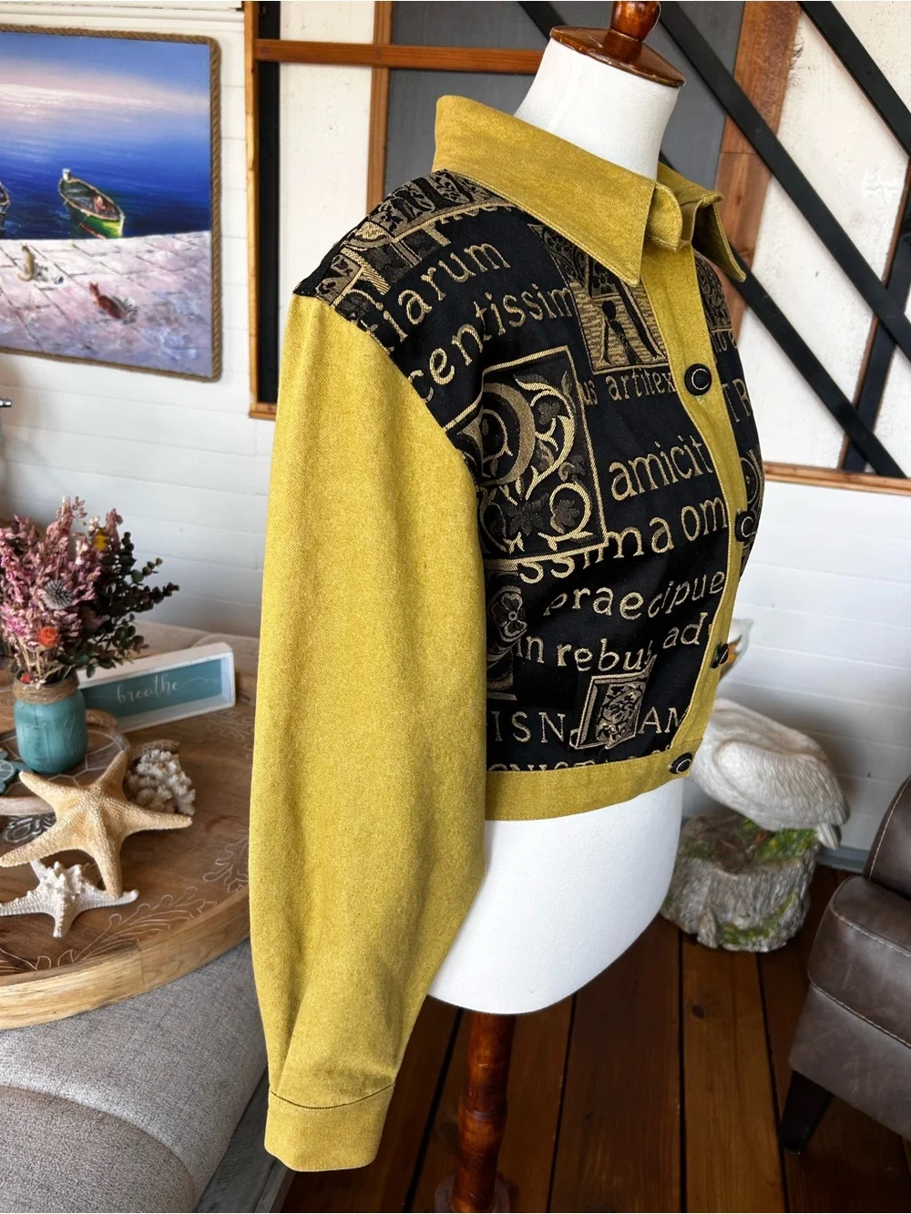 Cache Vintage Cropped Art Print Jacket Size M Olive & Black Statement Jacket